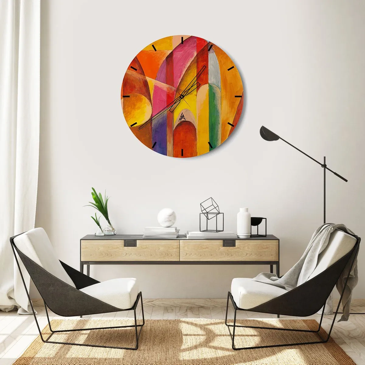 Nástěnné hodiny - Barevná abstrakce s geometrickými tvary - 30x30cm - Katedrála slunce - Moderní nástěnná dekorace do obývacího pokoje, kuchyně a ložnice ARTTOR