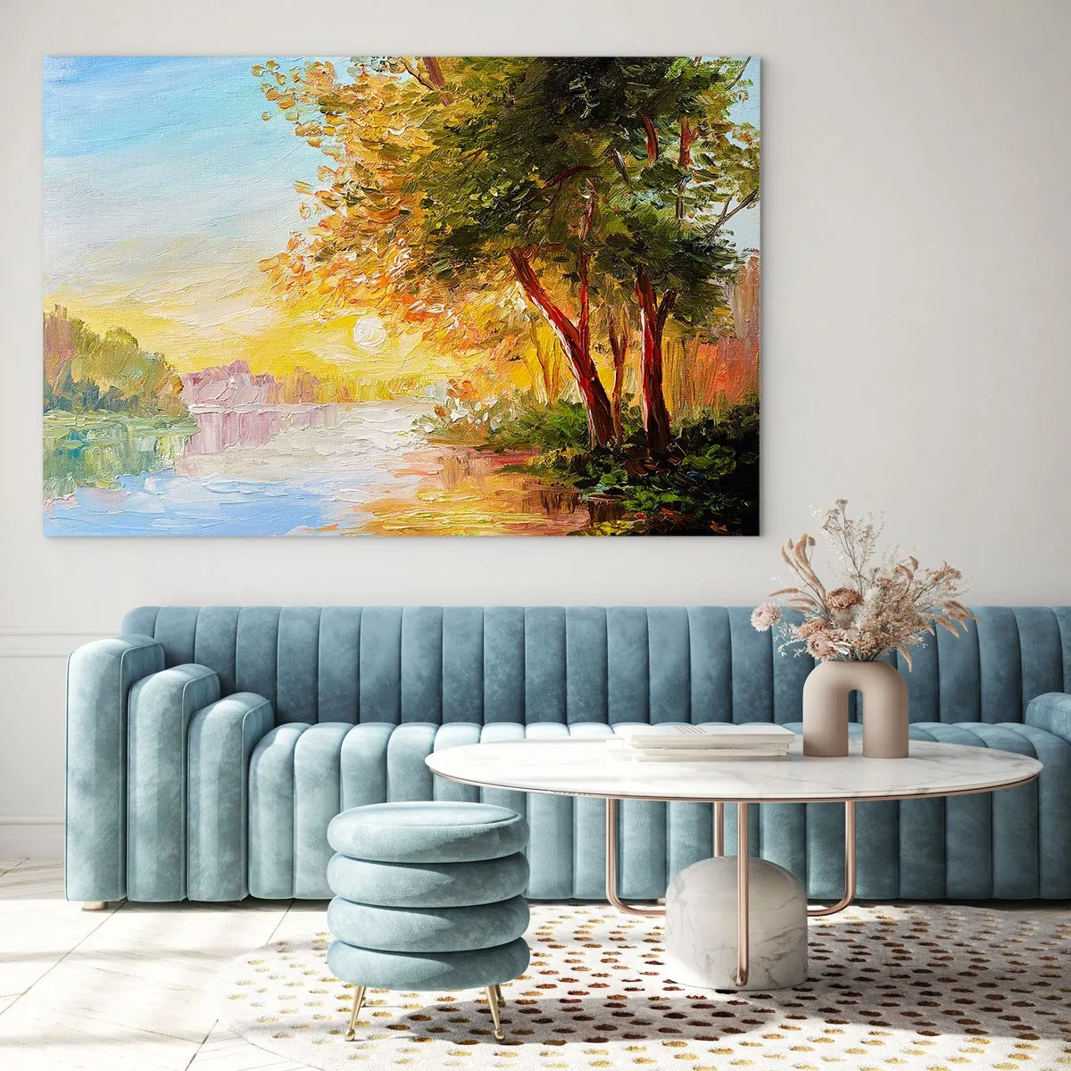 Obraz na skle - Jezero se stromy při západu slunce - 70x50cm - Et in Arcadia ego - Moderní nástěnná dekorace do obývacího pokoje a ložnice ARTTOR