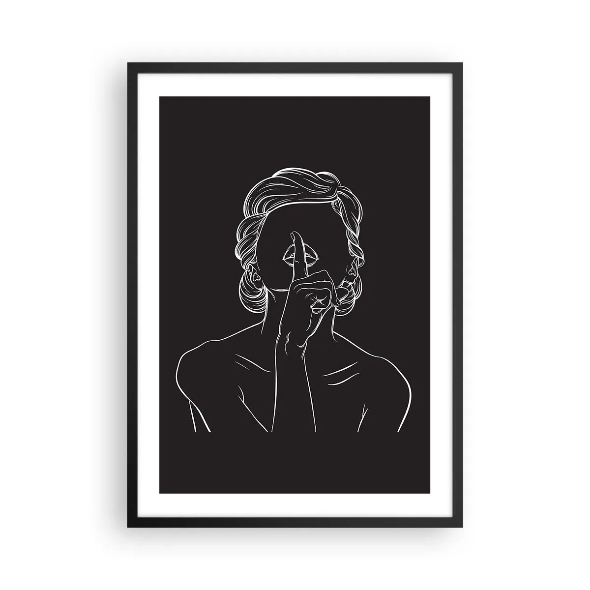 Plakát v černém rámu - Minimalistická ilustrace ženy dělající gesto ticha na černém pozadí. - 50x70cm - Krása rozkvétá v tichu - Moderní nástěnná dekorace do obývacího pokoje a ložnice ARTTOR
