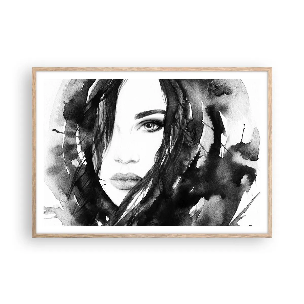Plakát v rámu světlý dub - Portrét dámy v černé a bílé - 100x70 cm