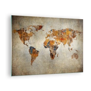 Obraz na skle - Umělecká mapa světa v teplých odstínech - 70x50cm - Skutečně velký svět - Moderní nástěnná dekorace do obývacího pokoje a ložnice ARTTOR