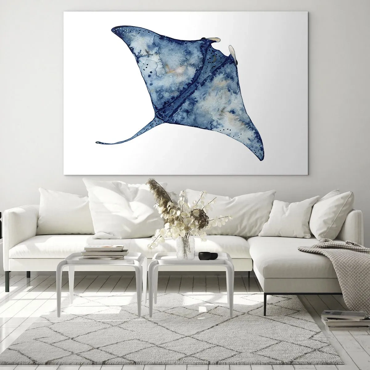Obraz na skle - Tmavě modrý paprsek ve stylu akvarelu na bílém pozadí - 70x50cm - Život v modři - Moderní nástěnná dekorace do obývacího pokoje a ložnice ARTTOR