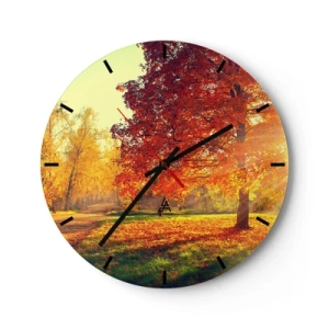 Nástěnné hodiny - Podzimní krajina se stromem s červenými listy v parku - 30x30cm - Rudé je krásné - Moderní nástěnná dekorace do obývacího pokoje, kuchyně a ložnice ARTTOR
