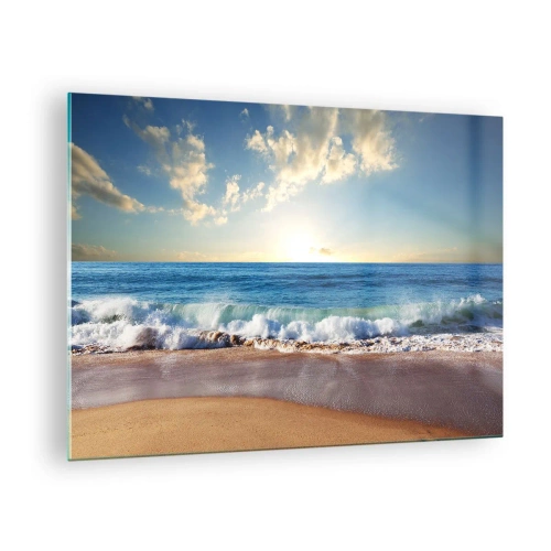 Obraz na skle - Oceánské vlny narážející na zlatou pláž při východu slunce - 70x50cm - Pohyb a nehybnost zároveň - Moderní nástěnná dekorace do obývacího pokoje a ložnice ARTTOR