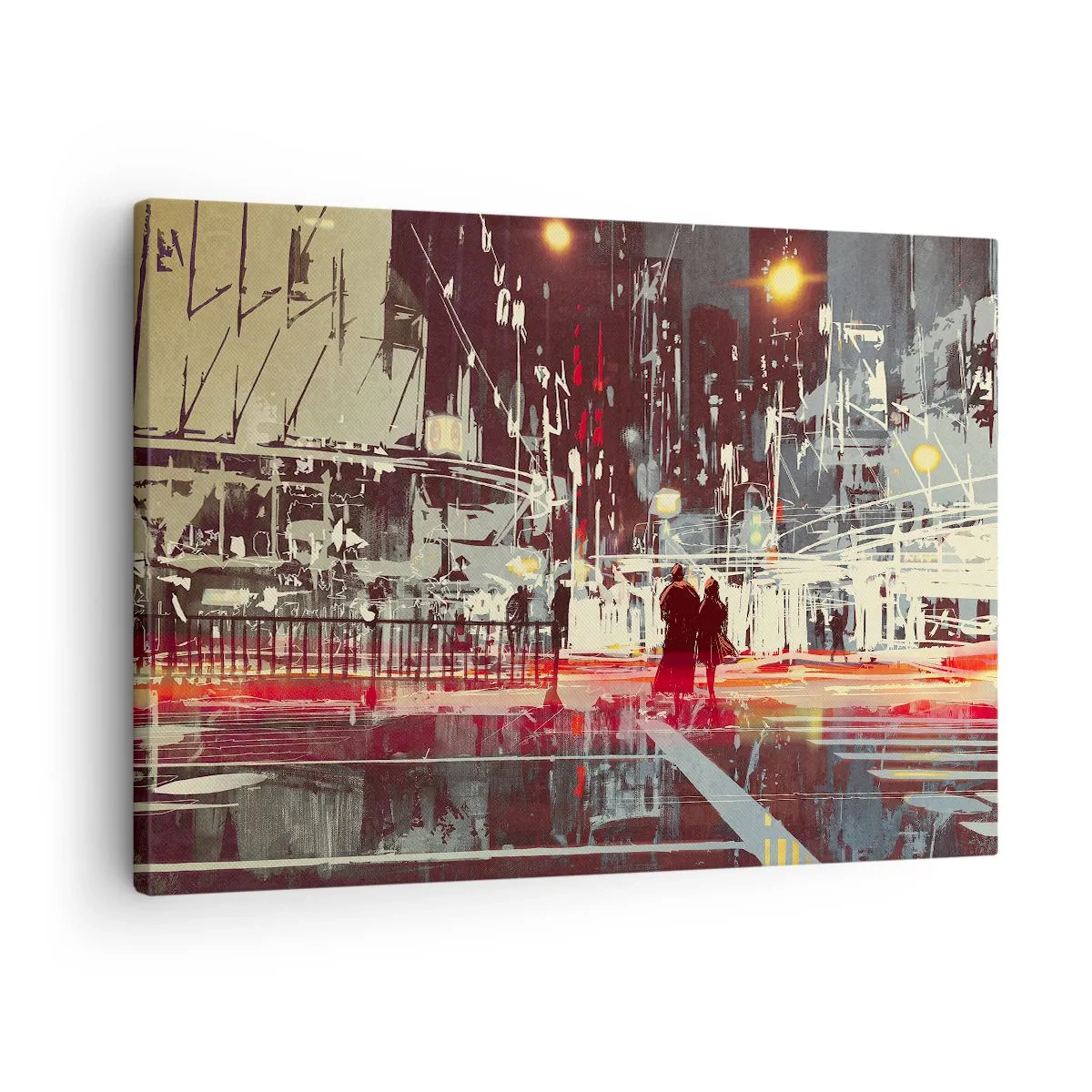 Obraz na plátně - Město v noci s neonovými světly a siluetami lidí na ulici - 70x50cm - Velkoměstská doprava - Moderní nástěnná dekorace do obývacího pokoje a ložnice ARTTOR