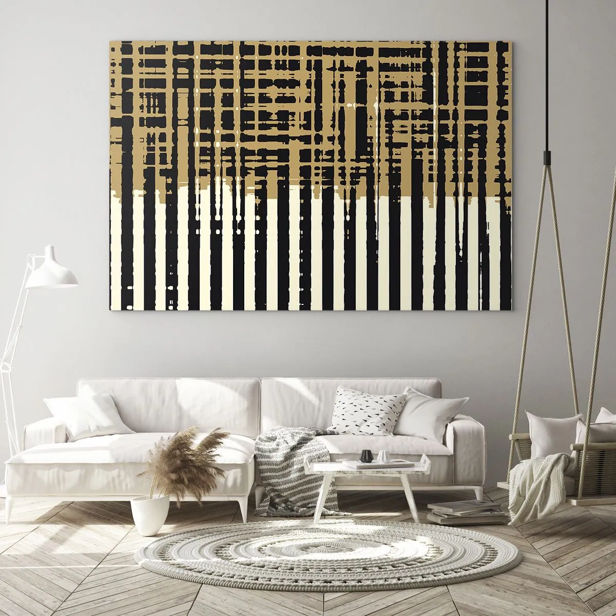 Obraz na skle - Geometrické pruhy a linie v odstínech černé a zlaté - 70x50cm - Architektonická abstrakce - Moderní nástěnná dekorace do obývacího pokoje a ložnice ARTTOR