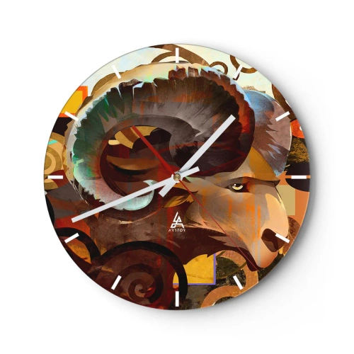 Nástěnné hodiny - Stylizovaná beraní hlava s dynamickým vzorem a intenzivními barvami - 30x30cm - Magie - náboženství - rituály - Moderní nástěnná dekorace do obývacího pokoje, kuchyně a ložnice ARTTOR