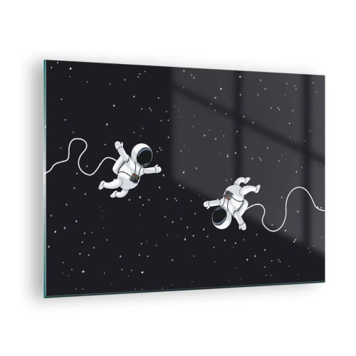 Obraz na skle - Dva astronauti vznášející se ve vesmíru - 70x50cm - Kosmický tanec - Moderní nástěnná dekorace do obývacího pokoje a ložnice ARTTOR