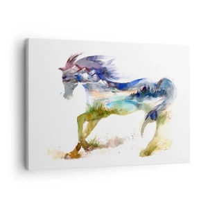 Obraz na plátně - Akvarel koně s horskou krajinou v siluetě - 70x50cm - Z louky přímo do nebe - Moderní nástěnná dekorace do obývacího pokoje a ložnice ARTTOR