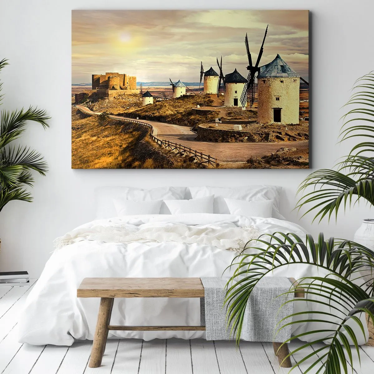 Obraz na plátně - Větrné mlýny na kopcích s historickým hradem v pozadí - 70x50cm - Brzy se objeví Don Quijote - Moderní nástěnná dekorace do obývacího pokoje a ložnice ARTTOR