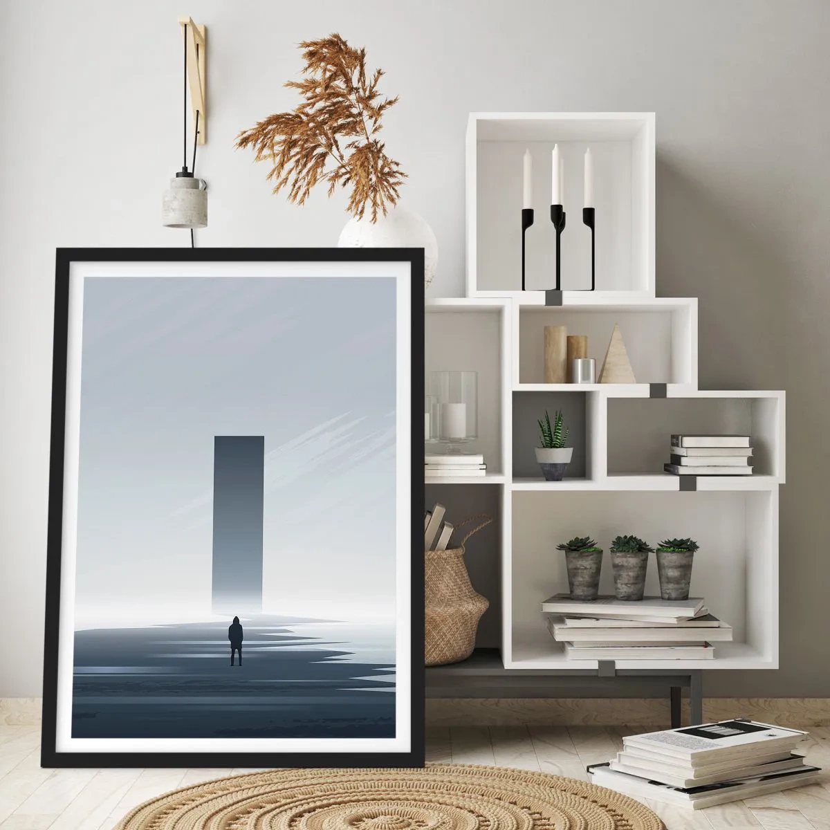 Plakát v černém rámu - Minimalistická scéna s tajemným monolitem v chladných tónech. - 50x70cm - Příležitost nebo hrozba? - Moderní nástěnná dekorace do obývacího pokoje a ložnice ARTTOR