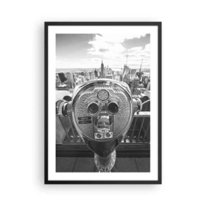 Plakát v černém rámu - Monochromatický pohled na New York City s dalekohledem v popředí. - 50x70cm - Město nad městy - Moderní nástěnná dekorace do obývacího pokoje a ložnice ARTTOR
