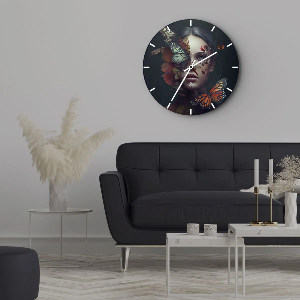 Nástěnné hodiny - Žena s motýly a listy na tváři v umělecké kompozici. - 30x30cm - Nádherná metamorfóza - Moderní nástěnná dekorace do obývacího pokoje, kuchyně a ložnice ARTTOR