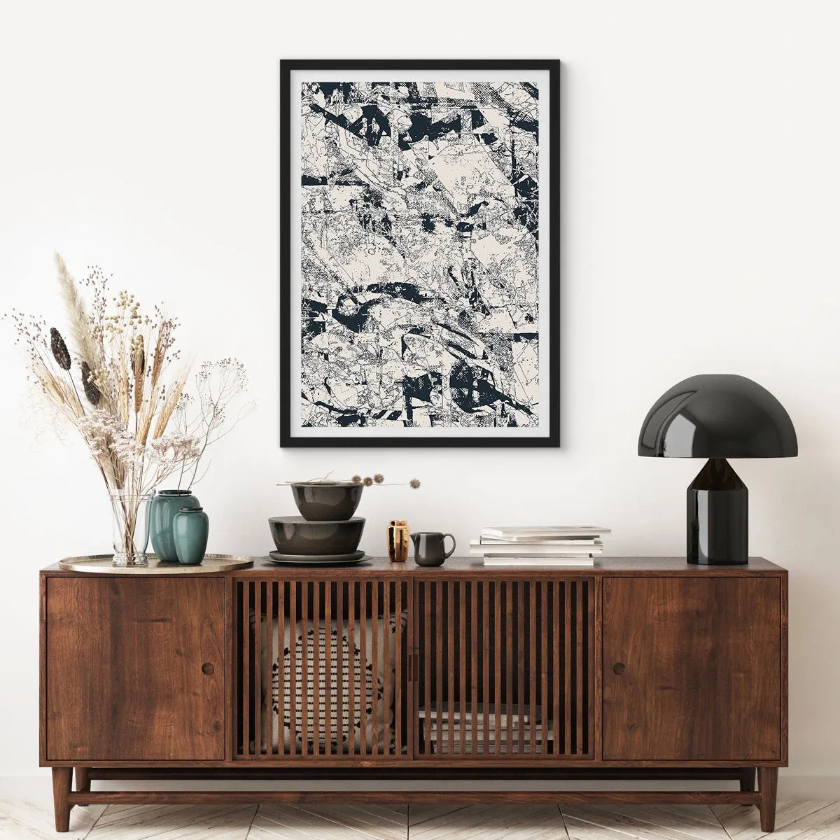 Plakát v černém rámu - Abstraktní černobílá texturovaná kompozice - 50x70cm - Prolínání protikladů - Moderní nástěnná dekorace do obývacího pokoje a ložnice ARTTOR
