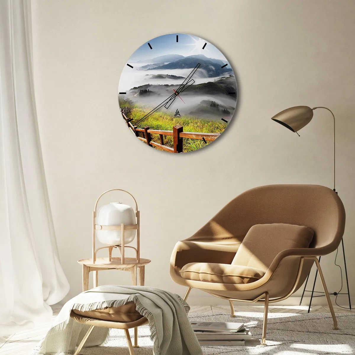 Nástěnné hodiny - Pohled na mlhavé údolí s dřevěným plotem - 30x30cm - Utkané ze záře a mlhy - Moderní nástěnná dekorace do obývacího pokoje, kuchyně a ložnice ARTTOR