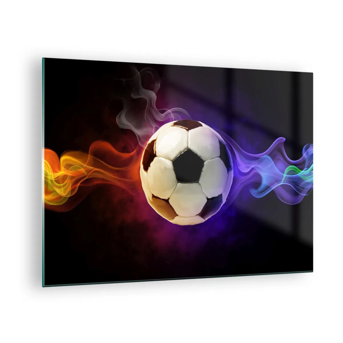 Obraz na skle - Fotbalový míč obklopený barevnými pruhy - 70x50cm - Magická síla hry - Moderní nástěnná dekorace do obývacího pokoje a ložnice ARTTOR