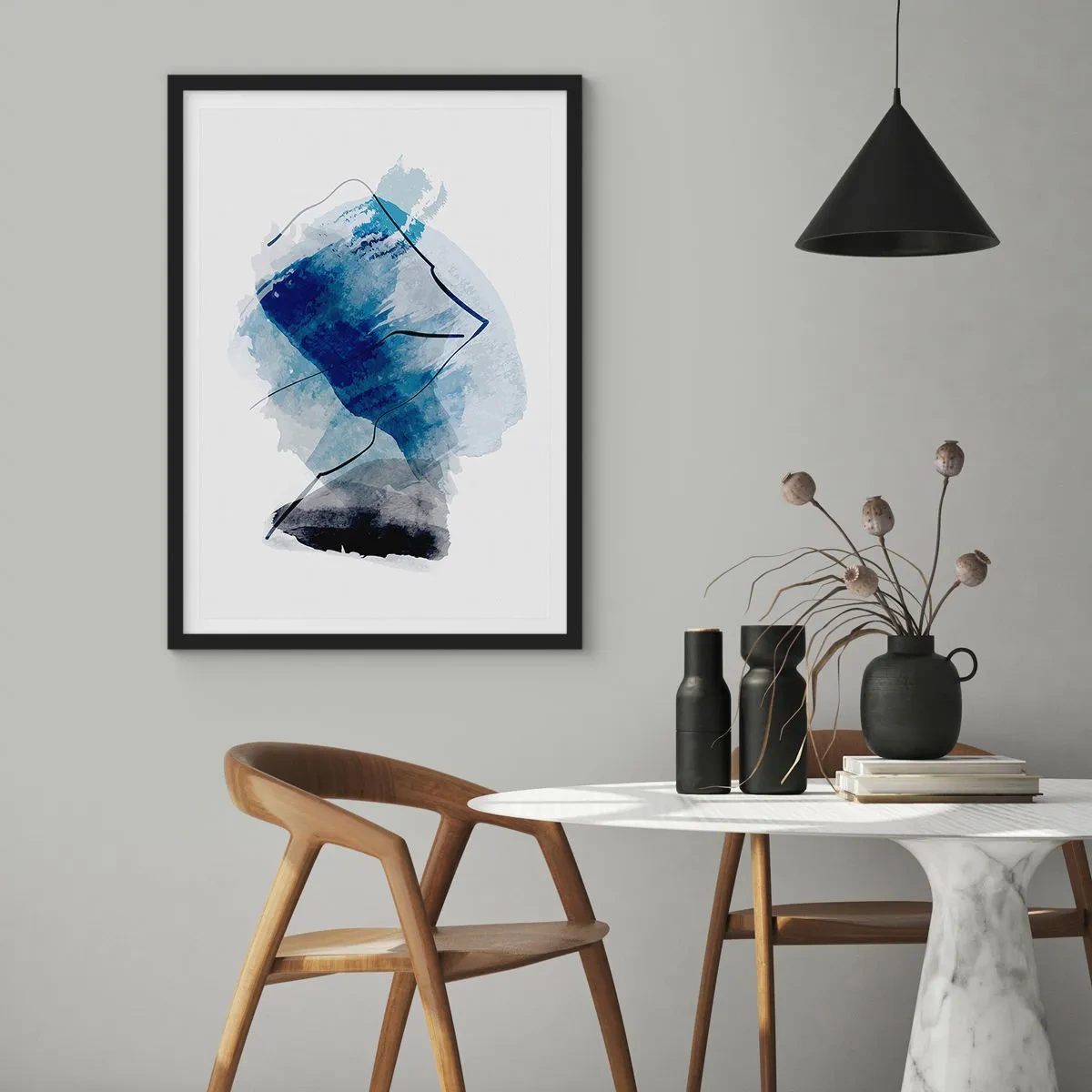 Plakát v černém rámu - Abstrakce v odstínech modré s černými linkami - 50x70cm - Ledová hora - Moderní nástěnná dekorace do obývacího pokoje a ložnice ARTTOR