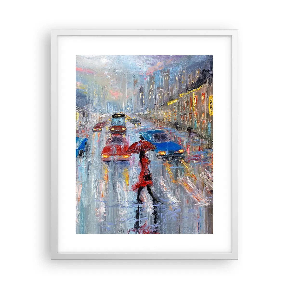 Plakát v bílém rámu - Deštivé odpoledne ve městě - 40x50 cm