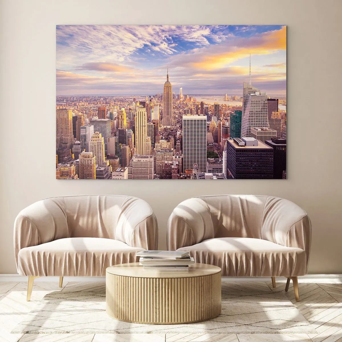Obraz na skle - Panorama města s mrakodrapy při západu slunce - 70x50cm - Dosáhnout samotná oblaka - Moderní nástěnná dekorace do obývacího pokoje a ložnice ARTTOR