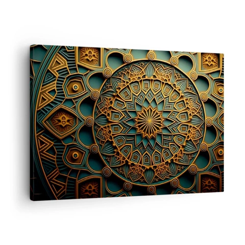 Obraz na plátně - Zlatá mandala na tyrkysovém pozadí s bohatými detaily. - 70x50cm - V arabském stylu - Moderní nástěnná dekorace do obývacího pokoje a ložnice ARTTOR