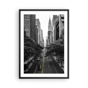 Plakát v černém rámu - Černobílé panorama města se žlutou čarou na silnici - 50x70cm - Newyorské ráno - Moderní nástěnná dekorace do obývacího pokoje a ložnice ARTTOR