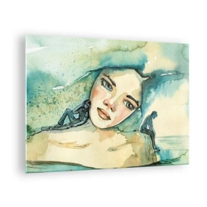 Obraz na skle - Portrét ženy ve stylu akvarelu se siluetami postav - 70x50cm - Am I blue? - Moderní nástěnná dekorace do obývacího pokoje a ložnice ARTTOR