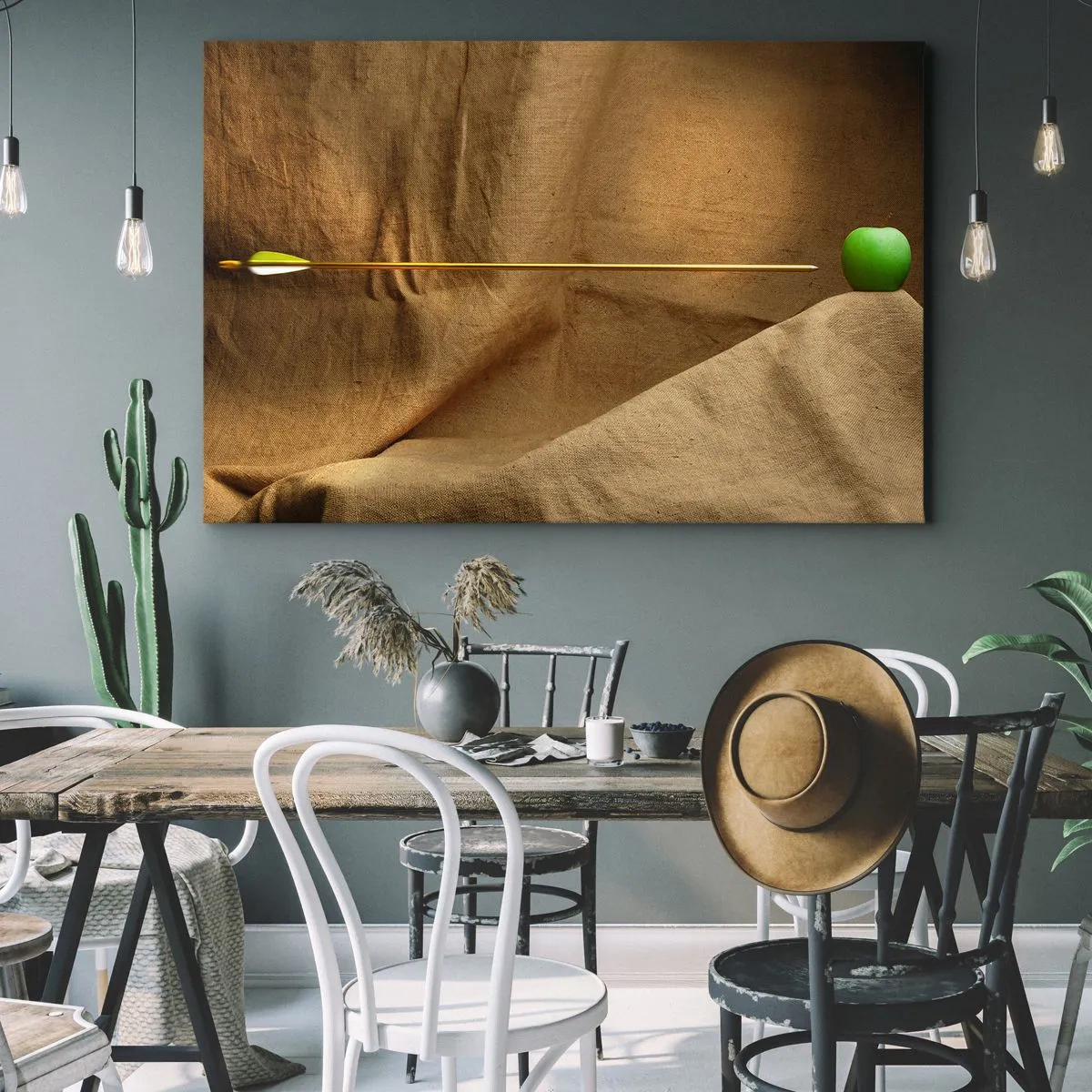 Obraz na plátně - Zelené jablko na látce se šipkou vytvářející kompozici - 70x50cm - Přivolat ducha Wilhelma Tella - Moderní nástěnná dekorace do obývacího pokoje a ložnice ARTTOR