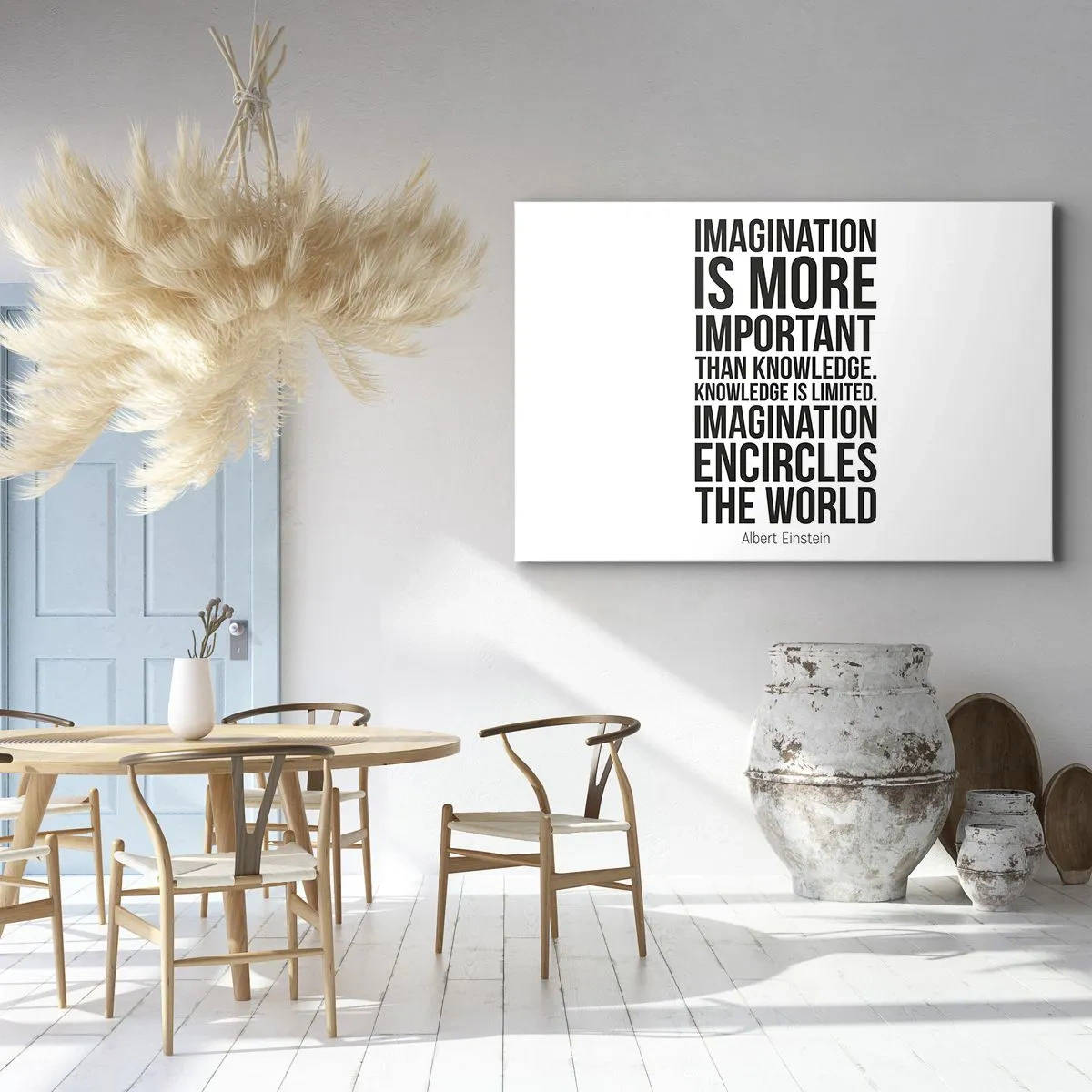 Obraz na plátně - Inspirativní citát na bílém pozadí černým písmem - 70x50cm - Einstein o síle představivosti - Moderní nástěnná dekorace do obývacího pokoje a ložnice ARTTOR