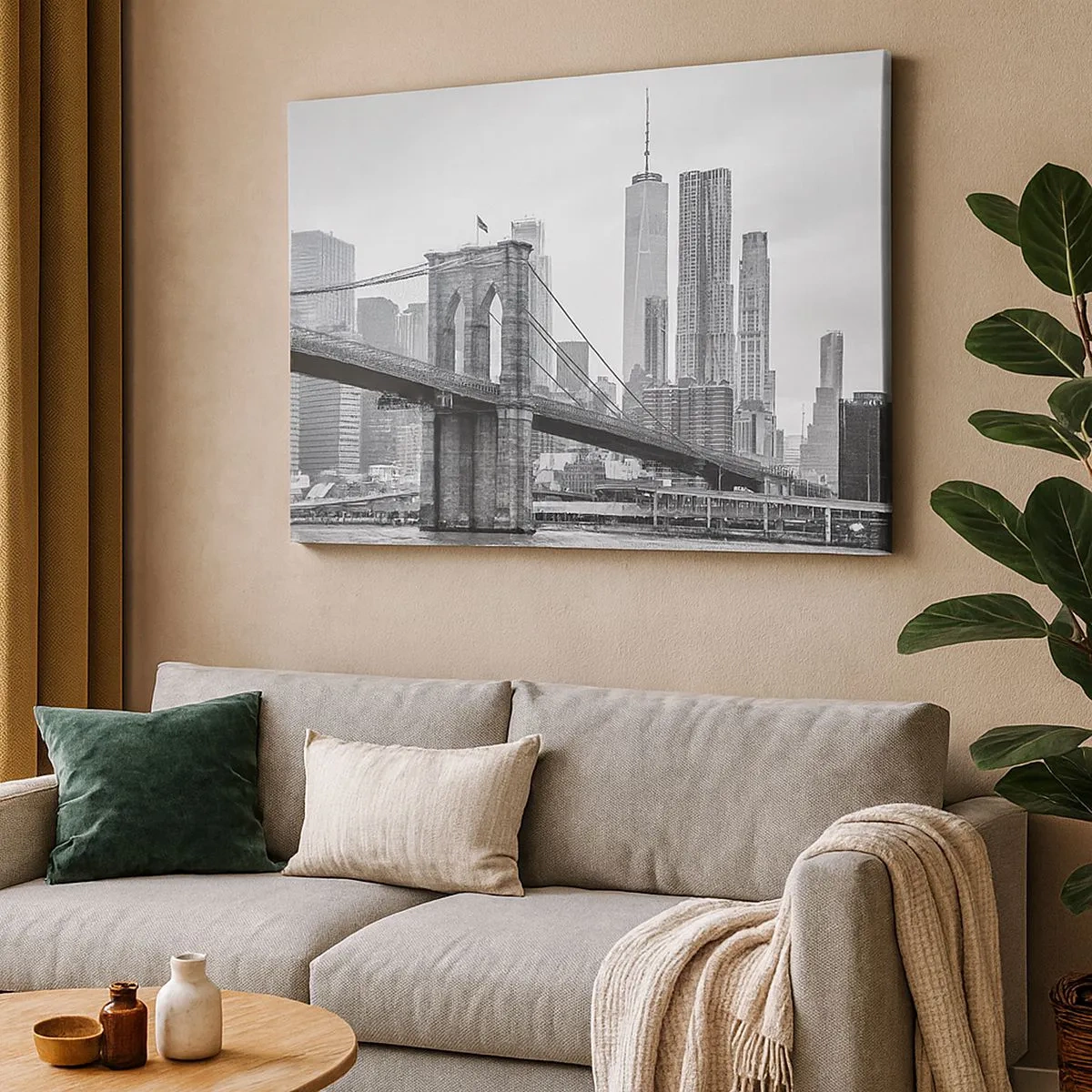 Obraz na plátně - Brooklynský most s newyorskými mrakodrapy v pozadí - 70x50cm - Newyorské zázraky - Moderní nástěnná dekorace do obývacího pokoje a ložnice ARTTOR