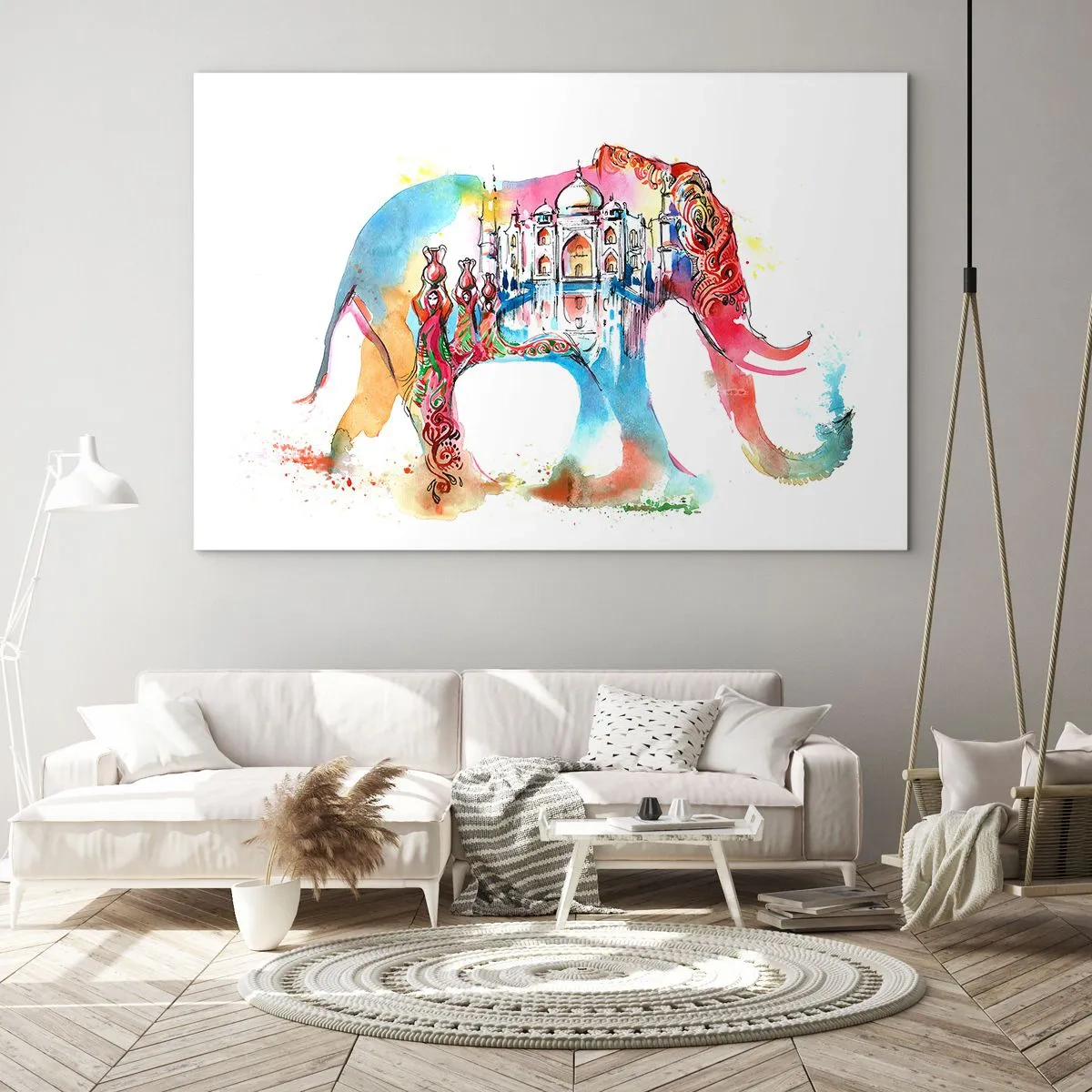 Obraz na skle - Barevný akvarel slona s indickým motivem - 70x50cm - Indie - aura lásky - Moderní nástěnná dekorace do obývacího pokoje a ložnice ARTTOR