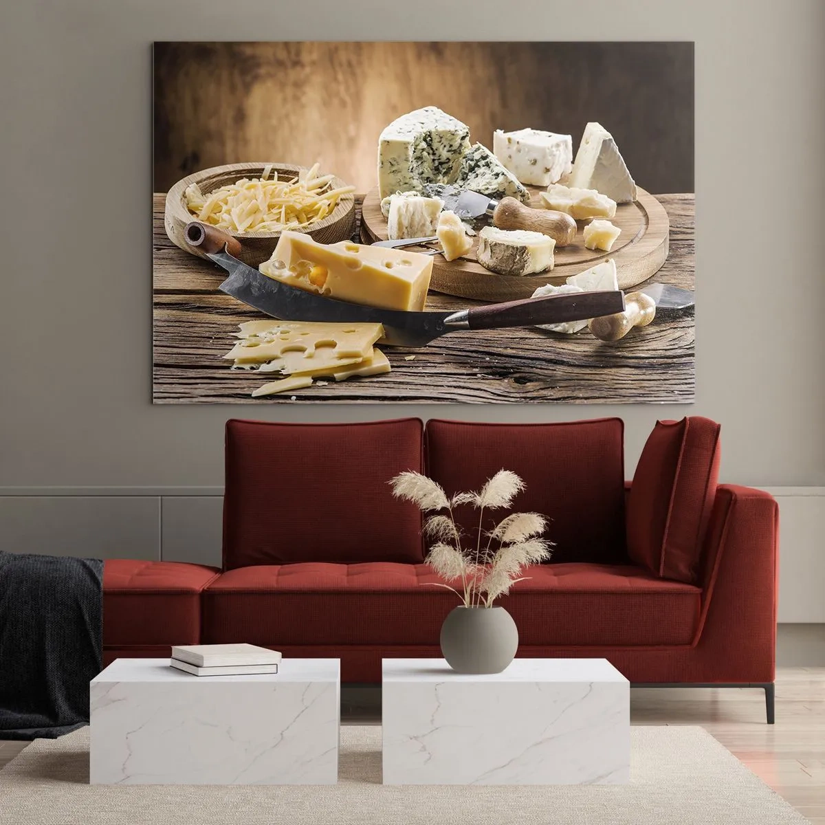 Obraz na skle - Sýrové prkénko s nožem na rustikálním stole - 70x50cm - Usměj se na sýr - Moderní nástěnná dekorace do obývacího pokoje a ložnice ARTTOR