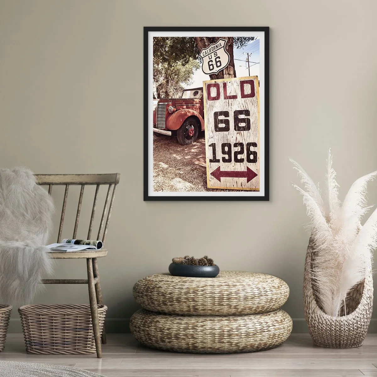 Plakát v černém rámu - Veterán na ceduli Route 66 - 50x70cm - Legenda americké provincie - Moderní nástěnná dekorace do obývacího pokoje a ložnice ARTTOR