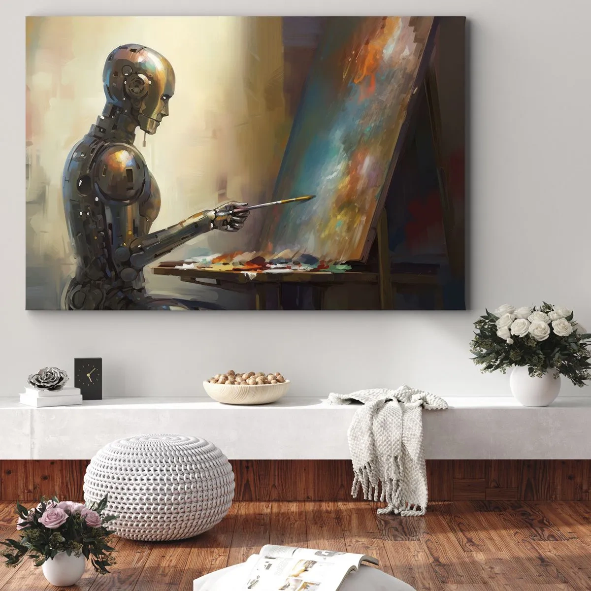 Obraz na plátně - Robot malující na plátně v uměleckém stylu - 70x50cm - Umění budoucnosti - Moderní nástěnná dekorace do obývacího pokoje a ložnice ARTTOR