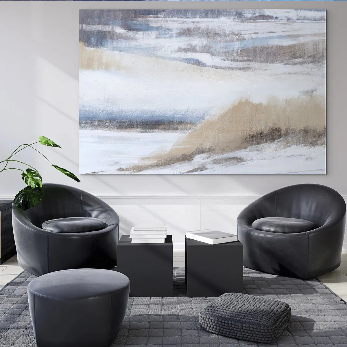 Obraz na skle - Jemná abstrakce v chladných béžových a modrých tónech. - 70x50cm - Zimní kompozice - Moderní nástěnná dekorace do obývacího pokoje a ložnice ARTTOR