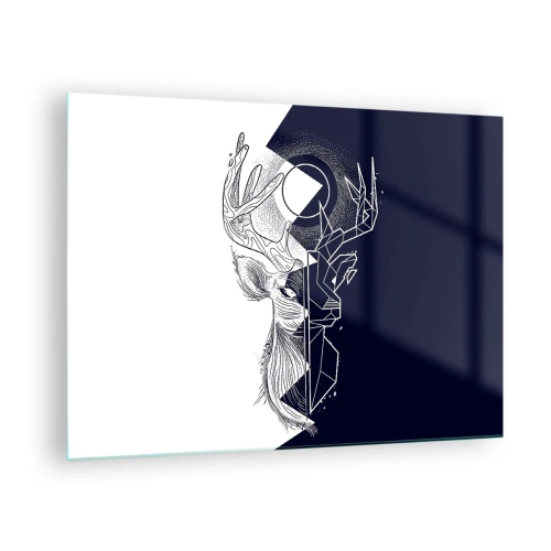 Obraz na skle - Geometrická kresba jelena na černobílém pozadí - 70x50cm - Válka a jednota opaků - Moderní nástěnná dekorace do obývacího pokoje a ložnice ARTTOR