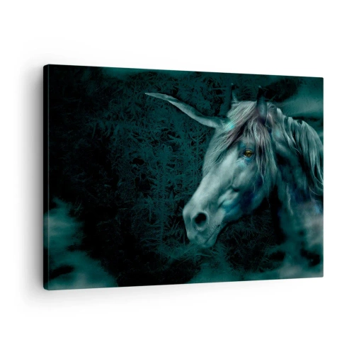 Obraz na plátně - Kouzelný jednorožec v tajemném, temném lese s fantasy barvami. - 70x50cm - V pohádkovém lese - Moderní nástěnná dekorace do obývacího pokoje a ložnice ARTTOR