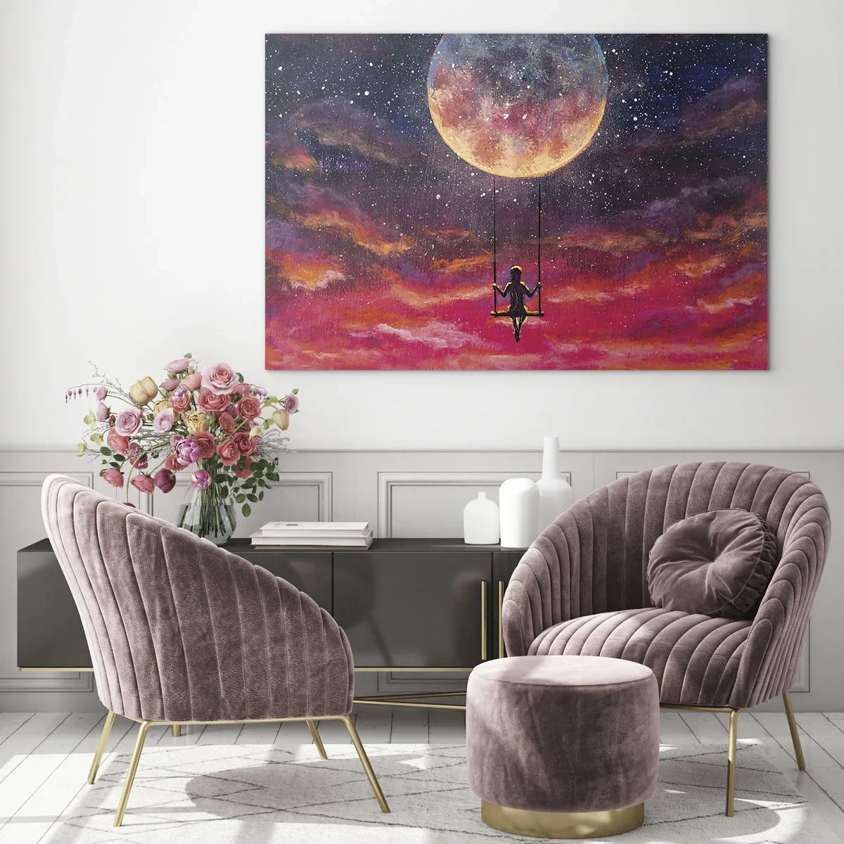Obraz na skle - Dívka na houpačce zavěšená pod měsícem - 70x50cm - Stavět si vzdušné zámky - Moderní nástěnná dekorace do obývacího pokoje a ložnice ARTTOR