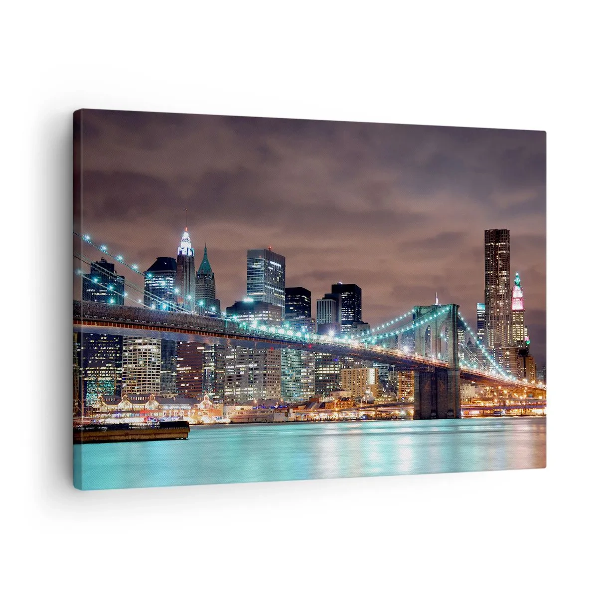 Obraz na plátně - Most osvětlený v noci na pozadí panoramatu moderního města - 70x50cm - Světla velkoměsta - Moderní nástěnná dekorace do obývacího pokoje a ložnice ARTTOR