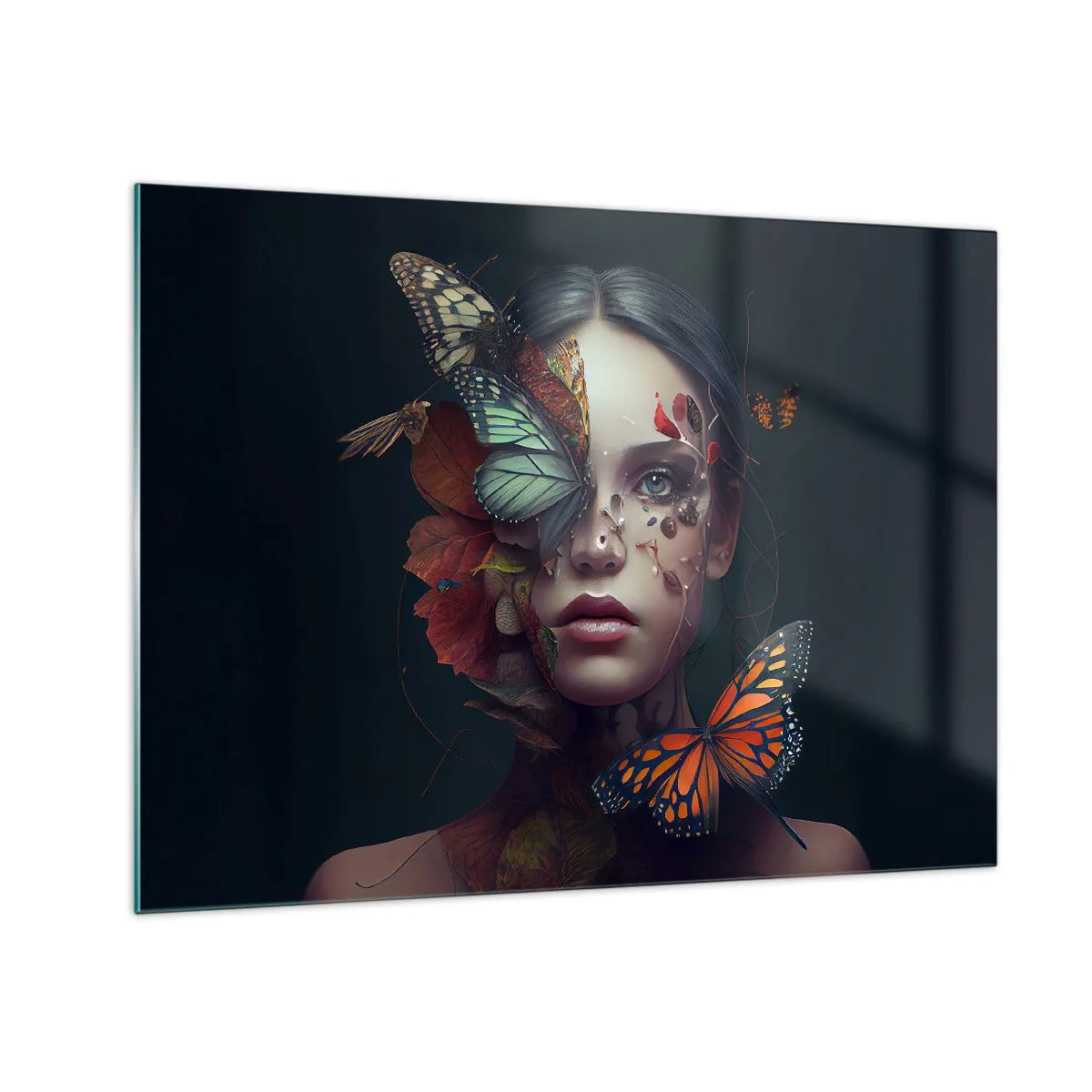 Obraz na skle - Ženská tvář s motýly a listy v umělecké kompozici - 70x50cm - Nádherná metamorfóza - Moderní nástěnná dekorace do obývacího pokoje a ložnice ARTTOR