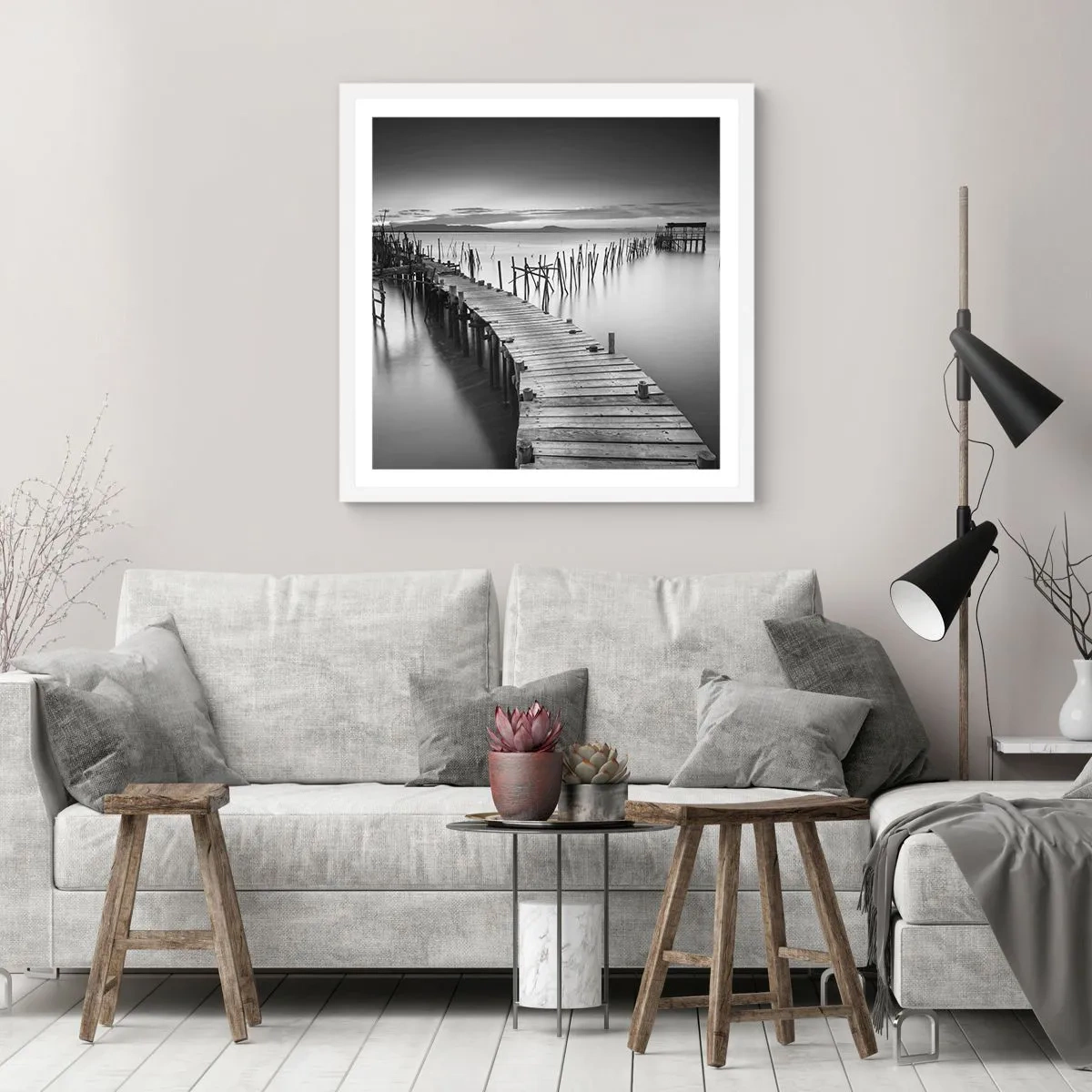 Plakát v bílém rámu - Klid zapomenutého břehu - 60x60 cm