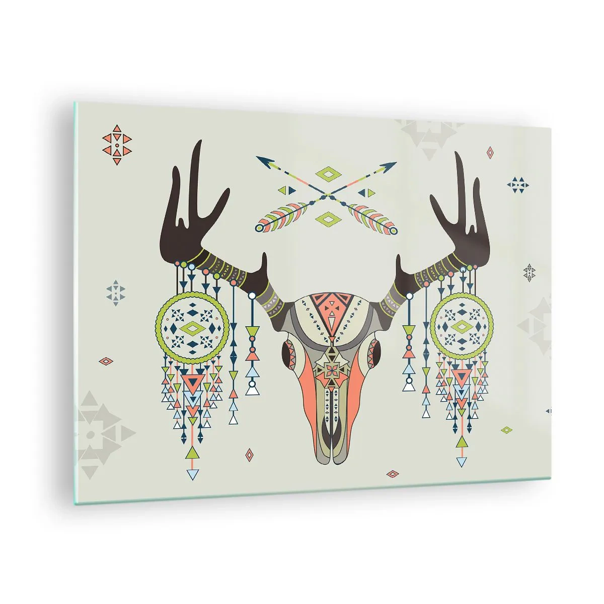 Obraz na skle - Symbolické rohy a indiánské vzory na světlém pozadí - 70x50cm - Trofej indiánského lovce - Moderní nástěnná dekorace do obývacího pokoje a ložnice ARTTOR