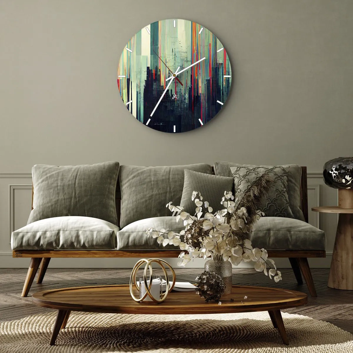 Nástěnné hodiny - Barevná abstrakce se svislými čarami připomínajícími město - 30x30cm - Futuristické město - Moderní nástěnná dekorace do obývacího pokoje, kuchyně a ložnice ARTTOR