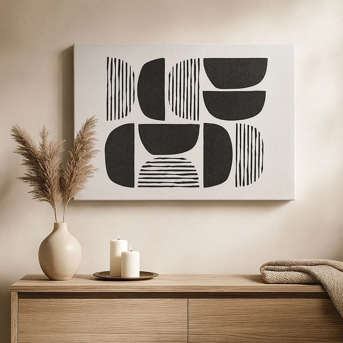 Obraz na plátně - Geometrie s půlkruhy a čarami v černé barvě na světlém pozadí - 70x50cm - Polovičaté soustavy - Moderní nástěnná dekorace do obývacího pokoje a ložnice ARTTOR