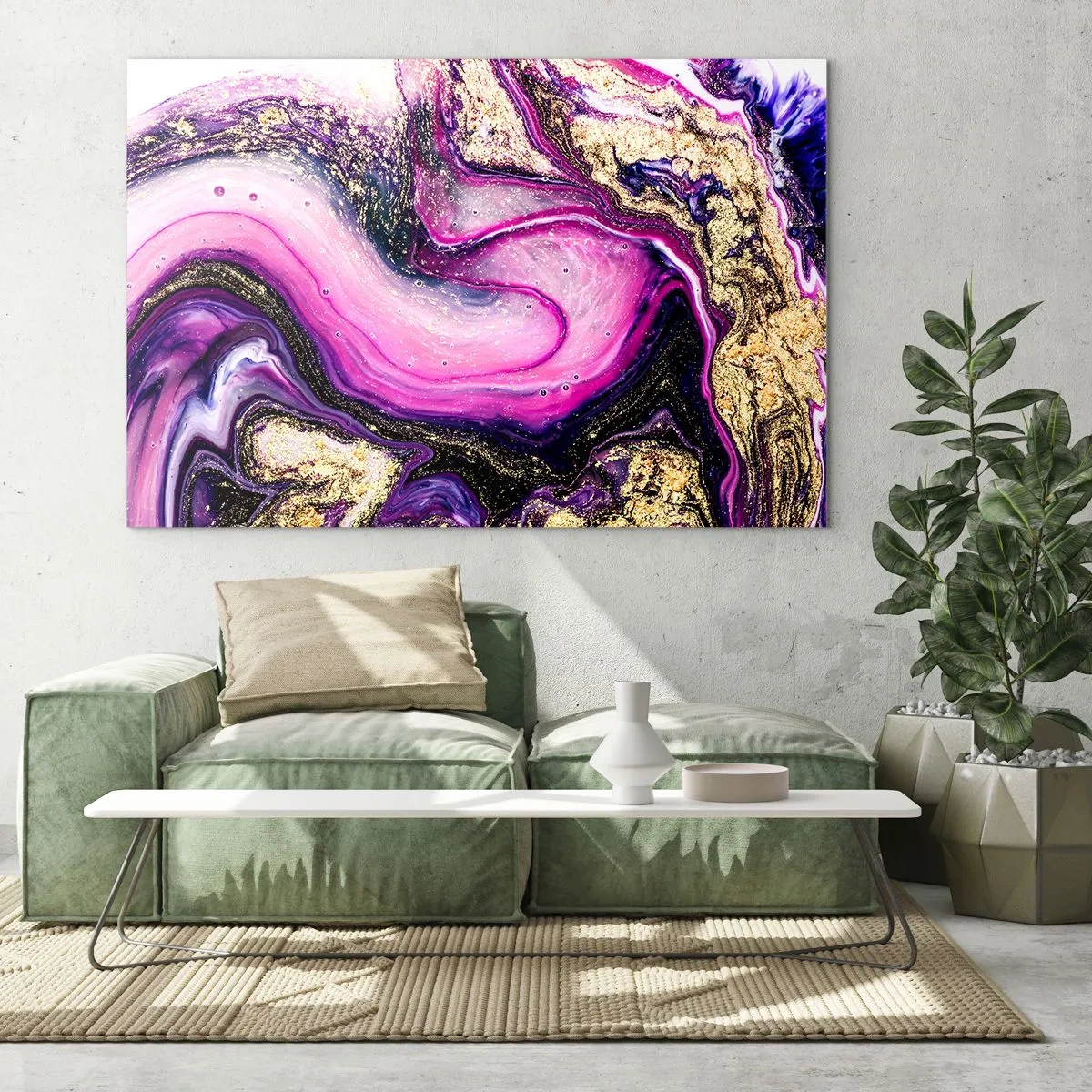 Obraz na skle - Abstraktní kompozice v odstínech fialové a zlaté. - 70x50cm - Okamžik v zákulisí - Moderní nástěnná dekorace do obývacího pokoje a ložnice ARTTOR