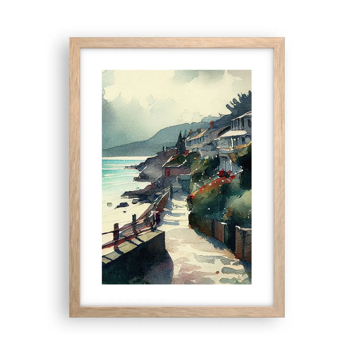 Plakát v rámu světlý dub - Středomořské městečko - 30x40 cm