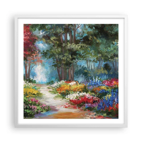 Plakát v bílém rámu - Lesní zahrada, květinový les - 60x60 cm