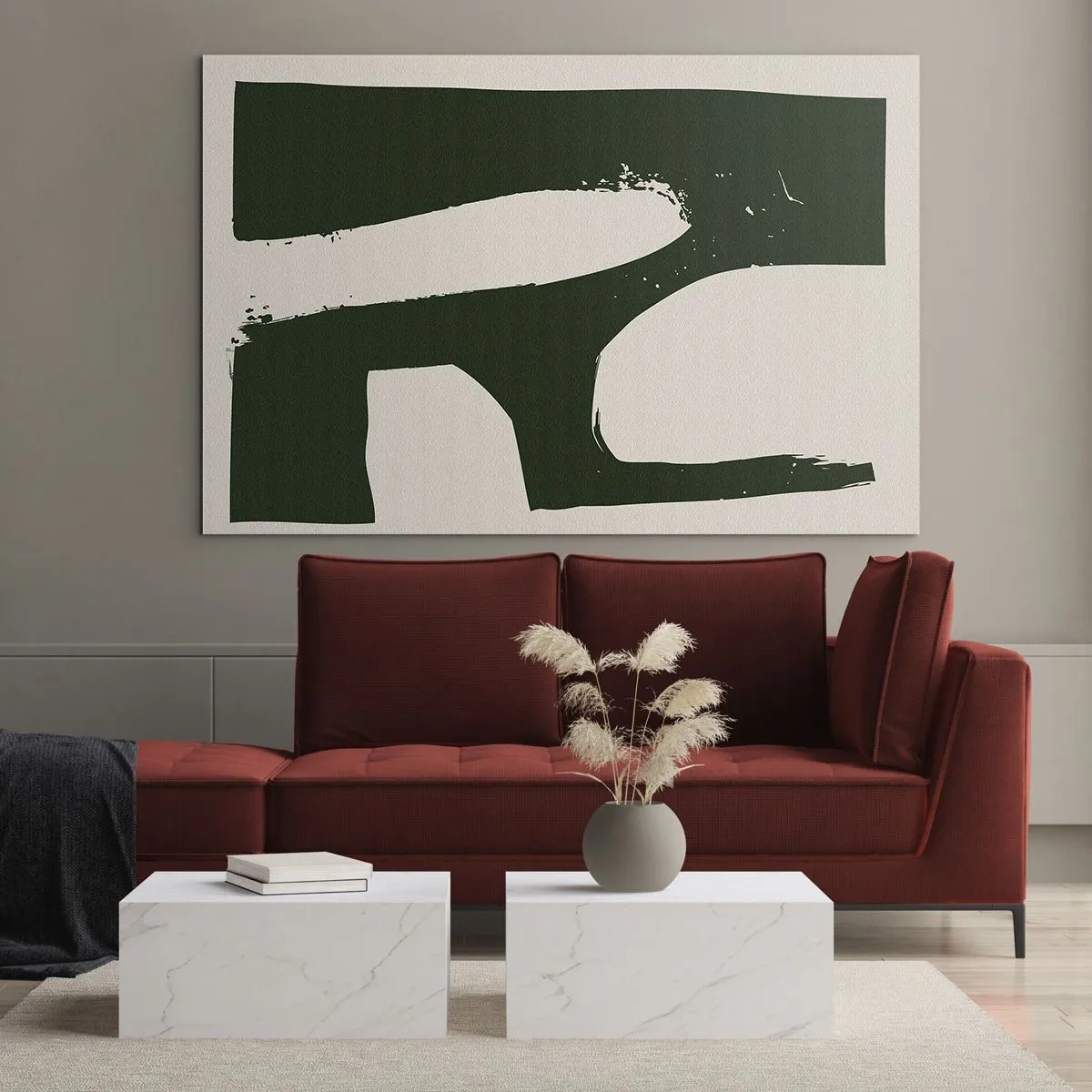 Obraz na skle - Minimalistická abstrakce s tmavě zelenými tahy štětcem - 70x50cm - Zálivy v bílem - Moderní nástěnná dekorace do obývacího pokoje a ložnice ARTTOR