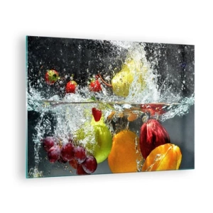 Obraz na skle - Ovoce ponořené ve vodě s dynamickými cákanci - 70x50cm - Ovocné osvěžení - Moderní nástěnná dekorace do obývacího pokoje a ložnice ARTTOR