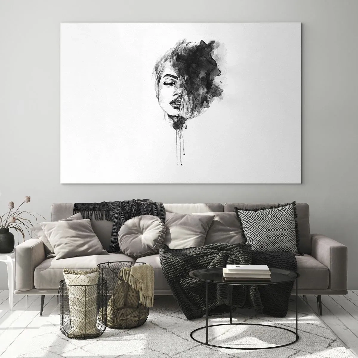 Obraz na skle - Černobílý portrét ženy s abstraktním stínem - 70x50cm - O čem sní dívka - Moderní nástěnná dekorace do obývacího pokoje a ložnice ARTTOR