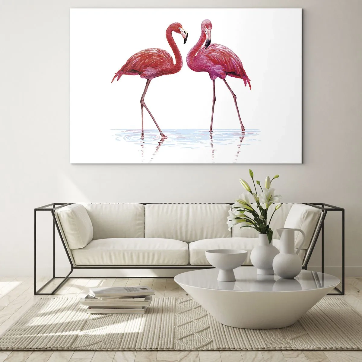 Obraz na skle - Dva růžoví plameňáci stojící ve vodě - 70x50cm - Růžové rendez-vous - Moderní nástěnná dekorace do obývacího pokoje a ložnice ARTTOR